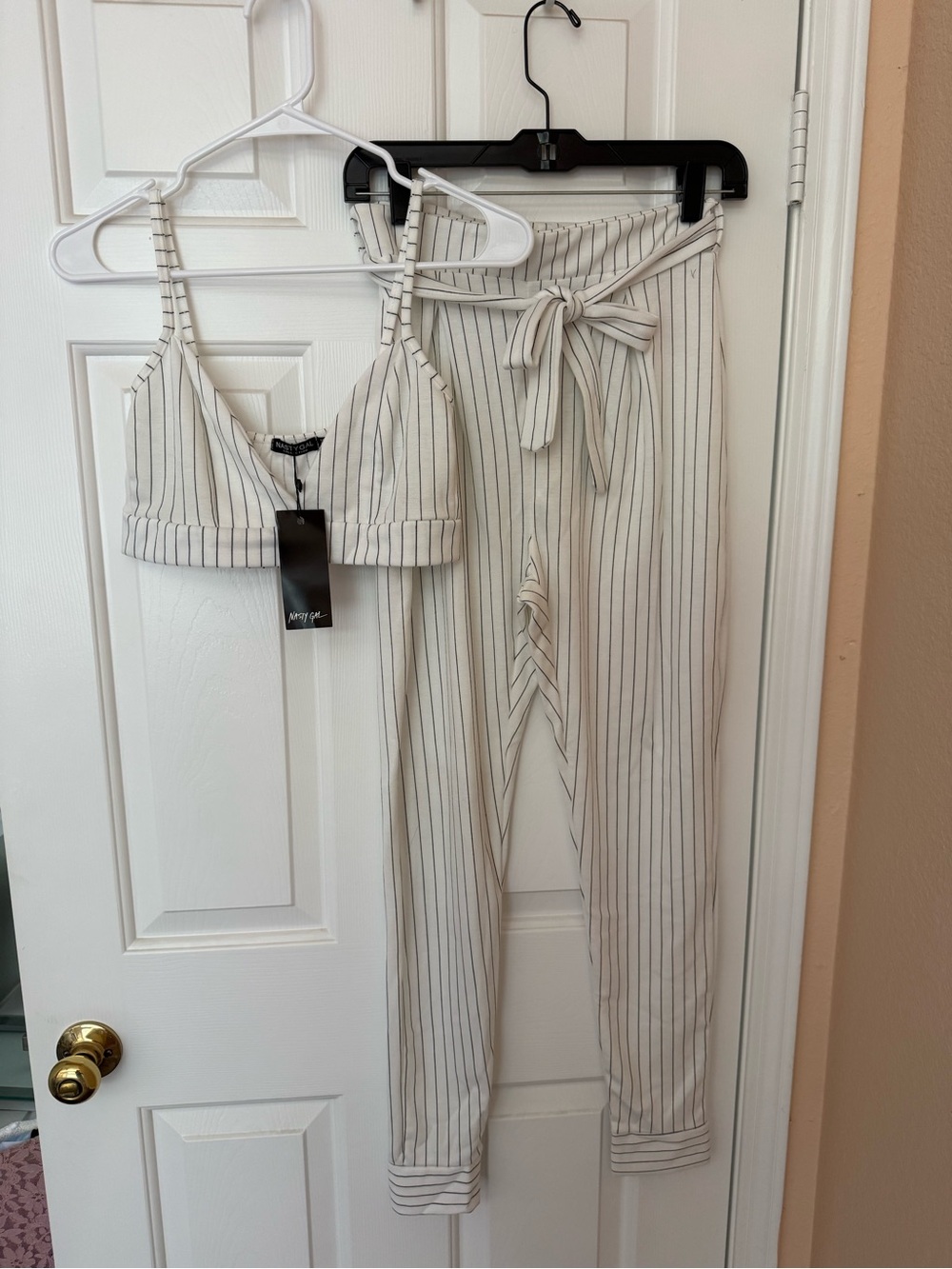 Nasty Gal Cream Pinstripe Paperbag Waist Trousers with Matching Crop Top
